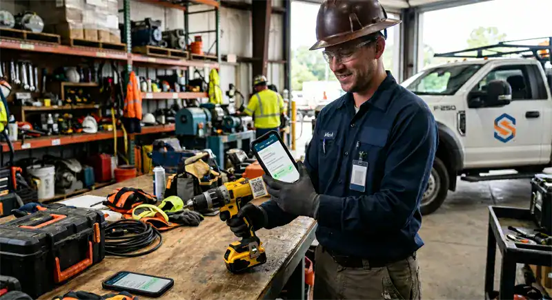 Maintenance technician scanning a tool barcode on a mobile device to check it out in eWorkOrders CMMS small tools tracking